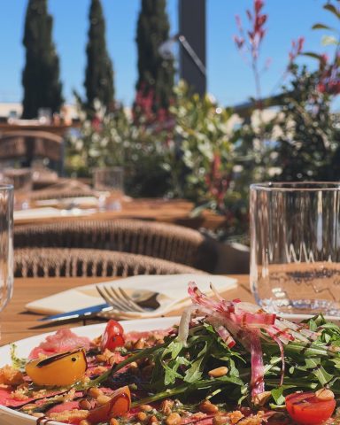 Salade colorée avec tomates, roquette et oignons, en terrasse avec vue sur la verdure.