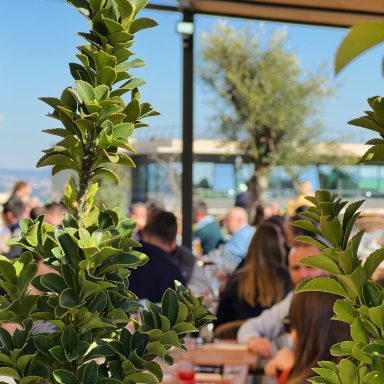 Terrasse animée d'un restaurant avec des plantes en avant-plan et des clients à l'intérieur.